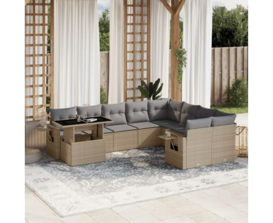 vidaXL 10-cz. zestaw mebli ogrodowych z poduszkami, beżowy, polirattan Dārza mēbeļu komplekti