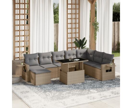 vidaXL 9-cz. zestaw mebli ogrodowych z poduszkami, beżowy, polirattan Dārza mēbeļu komplekti