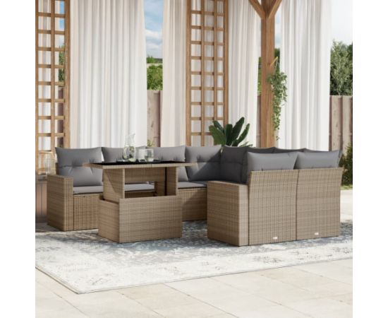 vidaXL 9-cz. zestaw mebli ogrodowych z poduszkami, beżowy, polirattan Dārza mēbeļu komplekti