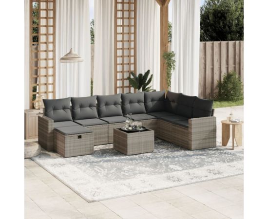 vidaXL 9-cz. zestaw mebli ogrodowych, poduszki, jasnoszary polirattan Dārza mēbeļu komplekti