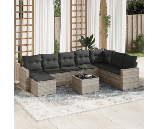 vidaXL 9-cz. zestaw mebli ogrodowych, poduszki, jasnoszary polirattan Dārza mēbeļu komplekti