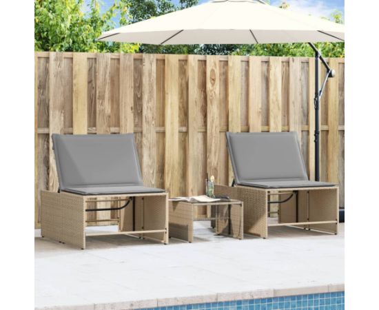 vidaXL Leżaki ze stolikiem, 2 szt., beżowe, polirattan Шезлонги и пляжные стулья