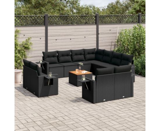 vidaXL 12-częściowy zestaw mebli do ogrodu, z poduszkami, czarny, polirattan Dārza mēbeļu komplekti