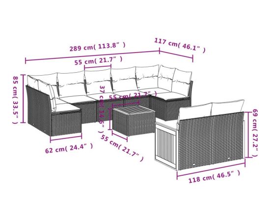 vidaXL vidaXL 10-cz. zestaw wypoczynkowy do ogrodu, poduszki czarny rattan PE Dārza mēbeļu komplekti