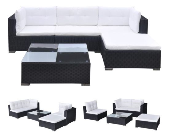 vidaXL 5-cz. zestaw wypoczynkowy do ogrodu, poduszki, czarny rattan PE Dārza mēbeļu komplekti