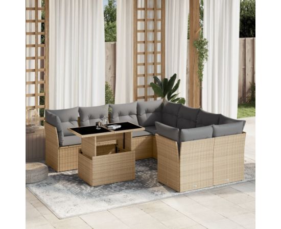 vidaXL 9-cz. zestaw mebli ogrodowych z poduszkami, beżowy, polirattan Dārza mēbeļu komplekti