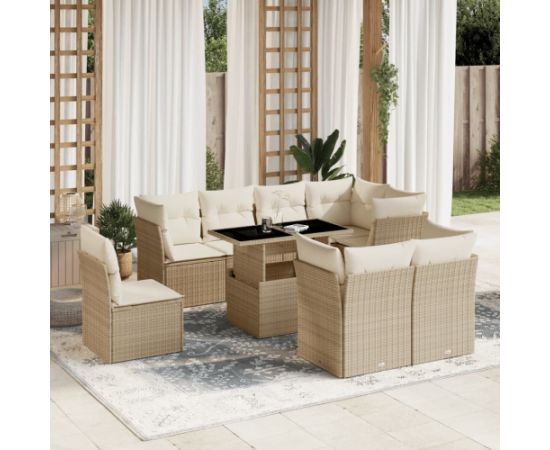 vidaXL 9-cz. zestaw mebli ogrodowych z poduszkami, beżowy, polirattan Dārza mēbeļu komplekti