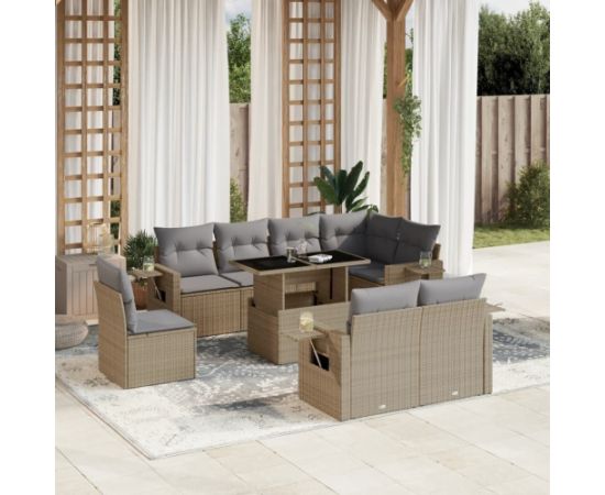 vidaXL 9-cz. zestaw mebli ogrodowych z poduszkami, beżowy, polirattan Dārza mēbeļu komplekti