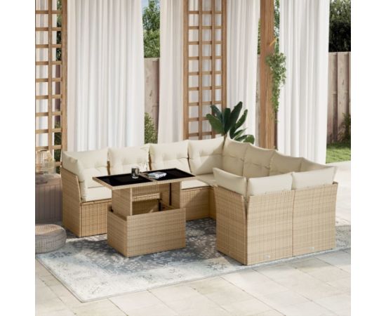 vidaXL 9-cz. zestaw mebli ogrodowych z poduszkami, beżowy, polirattan Dārza mēbeļu komplekti