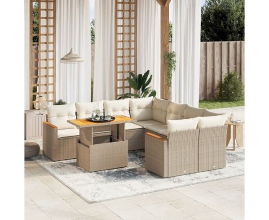 vidaXL 9-cz. zestaw mebli ogrodowych z poduszkami, beżowy, polirattan Dārza mēbeļu komplekti