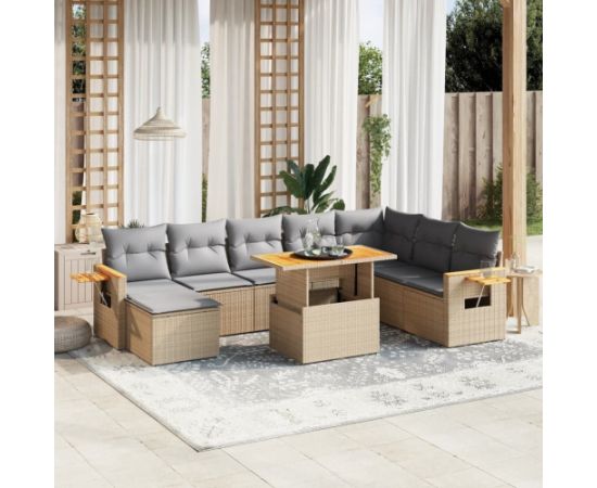 vidaXL 9-cz. zestaw mebli ogrodowych z poduszkami, beżowy, polirattan Dārza mēbeļu komplekti