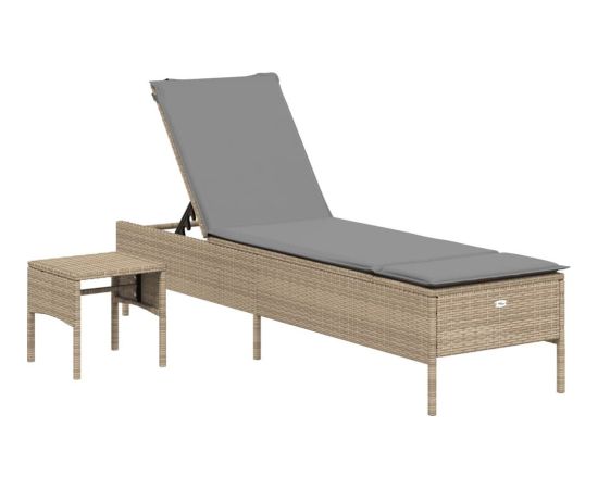 vidaXL Leżak ze stolikiem i poduszką, beżowy, polirattan Шезлонги и пляжные стулья