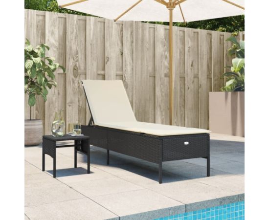 vidaXL Leżak ze stolikiem i poduszką, czarny, polirattan Шезлонги и пляжные стулья