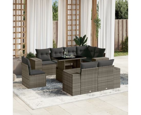 vidaXL 9-cz. zestaw mebli ogrodowych z poduszkami, szary, polirattan Dārza mēbeļu komplekti