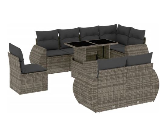 vidaXL 9-cz. zestaw mebli ogrodowych z poduszkami, szary, polirattan Dārza mēbeļu komplekti