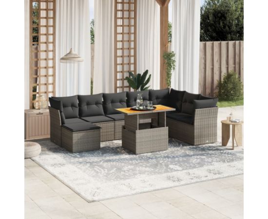 vidaXL 9-cz. zestaw mebli ogrodowych z poduszkami, szary, polirattan Dārza mēbeļu komplekti