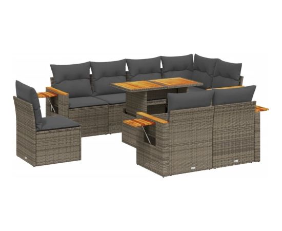 vidaXL 9-cz. zestaw mebli ogrodowych z poduszkami, szary, polirattan Dārza mēbeļu komplekti