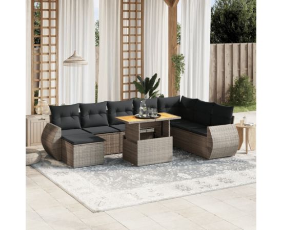 vidaXL 9-cz. zestaw mebli ogrodowych z poduszkami, szary, polirattan Dārza mēbeļu komplekti