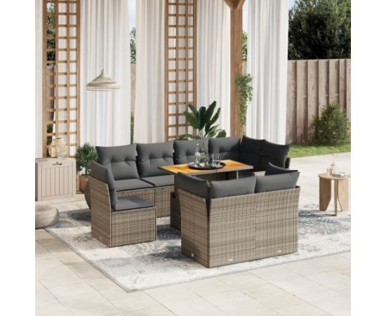 vidaXL 9-cz. zestaw mebli ogrodowych z poduszkami, szary, polirattan Dārza mēbeļu komplekti