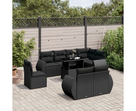 vidaXL 9-cz. zestaw wypoczynkowy do ogrodu, z poduszkami, czarny Dārza mēbeļu komplekti