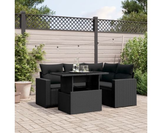 vidaXL 5-cz. zestaw wypoczynkowy do ogrodu, poduszki, czarny rattan PE Dārza mēbeļu komplekti