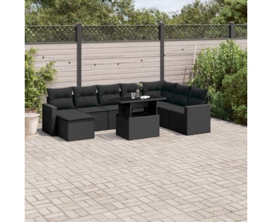 vidaXL 9-cz. zestaw wypoczynkowy do ogrodu, z poduszkami, czarny Dārza mēbeļu komplekti