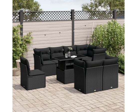 vidaXL 9-cz. zestaw wypoczynkowy do ogrodu, z poduszkami, czarny Dārza mēbeļu komplekti