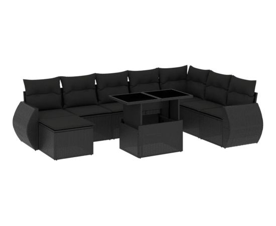 vidaXL 9-cz. zestaw wypoczynkowy do ogrodu, z poduszkami, czarny Dārza mēbeļu komplekti