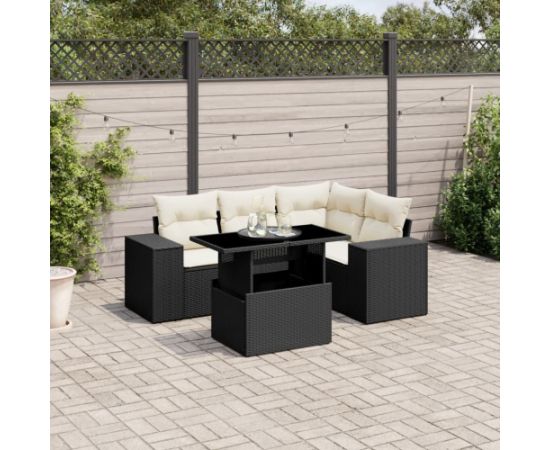 vidaXL 5-cz. zestaw wypoczynkowy do ogrodu, poduszki, czarny rattan PE Dārza mēbeļu komplekti