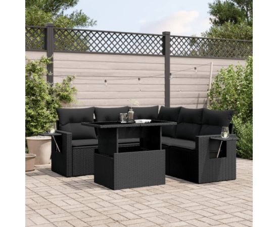 vidaXL 6-cz. zestaw mebli ogrodowych z poduszkami, czarny polirattan Dārza mēbeļu komplekti