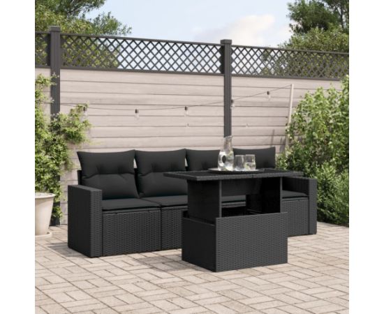 vidaXL 5-cz. zestaw wypoczynkowy do ogrodu, poduszki, czarny rattan PE Dārza mēbeļu komplekti