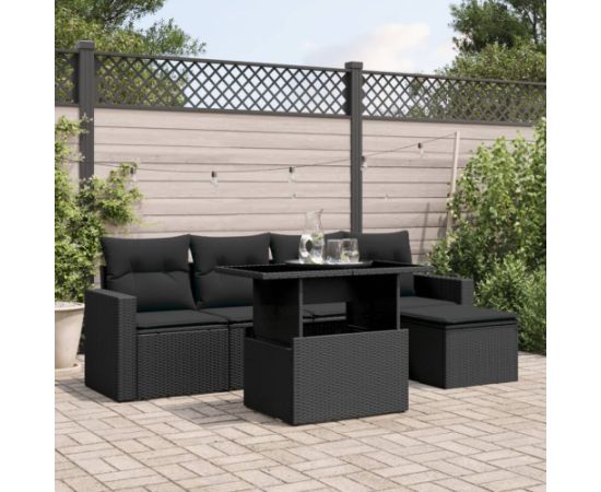 vidaXL 6-cz. zestaw mebli ogrodowych z poduszkami, czarny polirattan Dārza mēbeļu komplekti