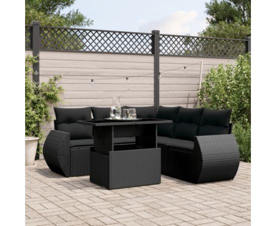 vidaXL 6-cz. zestaw mebli ogrodowych z poduszkami, czarny polirattan Dārza mēbeļu komplekti