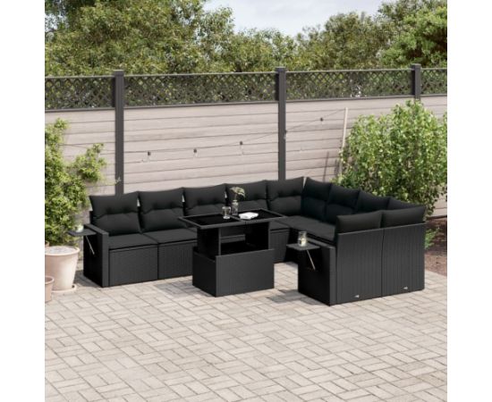 vidaXL 10-cz. zestaw wypoczynkowy do ogrodu, z poduszkami, czarny Dārza mēbeļu komplekti