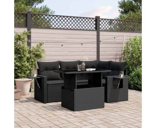 vidaXL 5-cz. zestaw wypoczynkowy do ogrodu, poduszki, czarny rattan PE Dārza mēbeļu komplekti