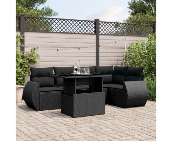 vidaXL 6-cz. zestaw mebli ogrodowych z poduszkami, czarny polirattan Dārza mēbeļu komplekti