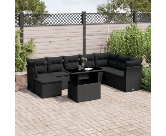 vidaXL 9-cz. zestaw wypoczynkowy do ogrodu, z poduszkami, czarny Dārza mēbeļu komplekti