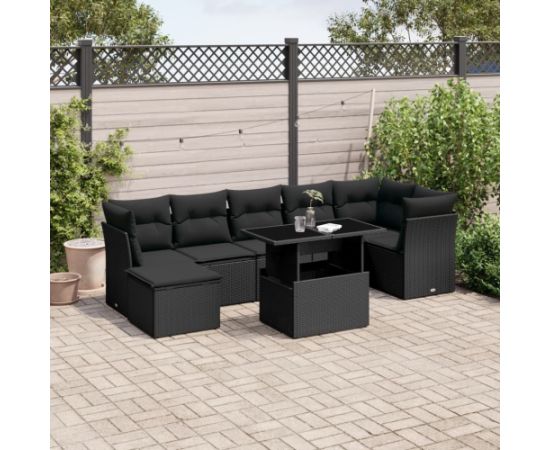 vidaXL 8-cz. zestaw wypoczynkowy do ogrodu, z poduszkami, czarny Dārza mēbeļu komplekti