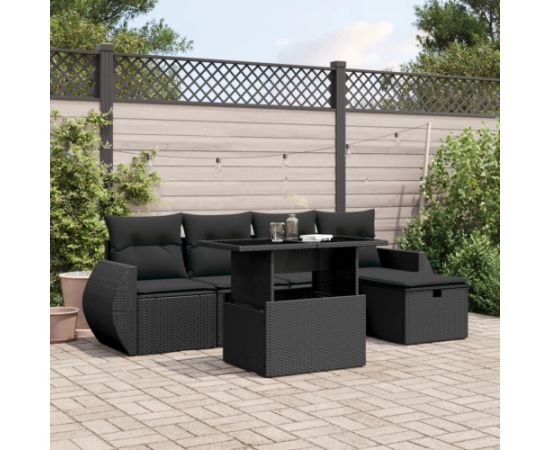 vidaXL 6-cz. zestaw mebli ogrodowych z poduszkami, czarny polirattan Dārza mēbeļu komplekti