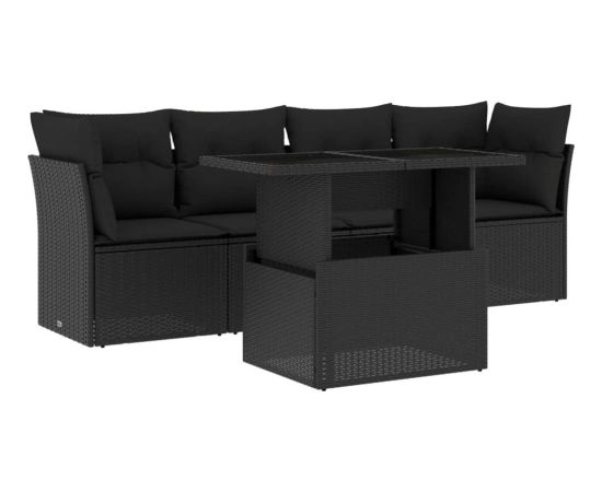 vidaXL 5-cz. zestaw wypoczynkowy do ogrodu, poduszki, czarny rattan PE Dārza mēbeļu komplekti