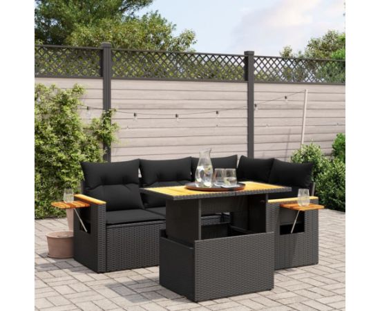 vidaXL 5-cz. zestaw wypoczynkowy do ogrodu, poduszki, czarny rattan PE Dārza mēbeļu komplekti