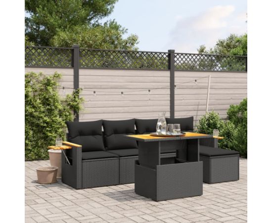 vidaXL 6-cz. zestaw mebli ogrodowych z poduszkami, czarny polirattan Dārza mēbeļu komplekti