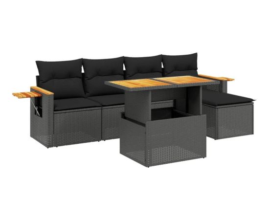 vidaXL 6-cz. zestaw mebli ogrodowych z poduszkami, czarny polirattan Dārza mēbeļu komplekti