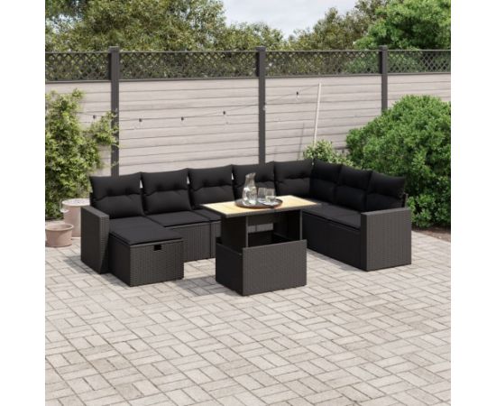 vidaXL 9-cz. zestaw wypoczynkowy do ogrodu, z poduszkami, czarny Dārza mēbeļu komplekti