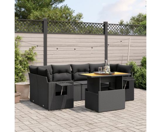 vidaXL 7-cz. zestaw wypoczynkowy do ogrodu, z poduszkami, czarny Dārza mēbeļu komplekti