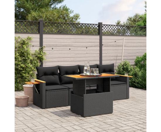 vidaXL 5-cz. zestaw wypoczynkowy do ogrodu, poduszki, czarny rattan PE Dārza mēbeļu komplekti