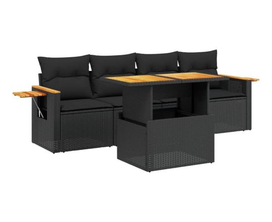 vidaXL 5-cz. zestaw wypoczynkowy do ogrodu, poduszki, czarny rattan PE Dārza mēbeļu komplekti