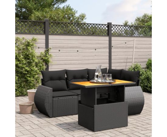 vidaXL 5-cz. zestaw wypoczynkowy do ogrodu, poduszki, czarny rattan PE Dārza mēbeļu komplekti