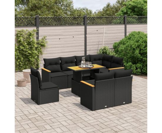 vidaXL 9-cz. zestaw wypoczynkowy do ogrodu, z poduszkami, czarny Dārza mēbeļu komplekti