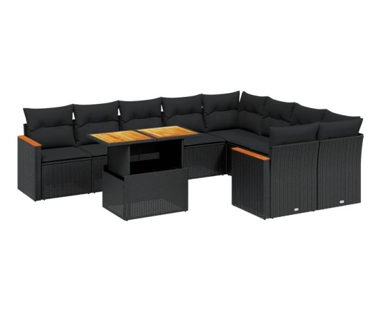 vidaXL 10-cz. zestaw wypoczynkowy do ogrodu, poduszki czarny rattan PE Dārza mēbeļu komplekti